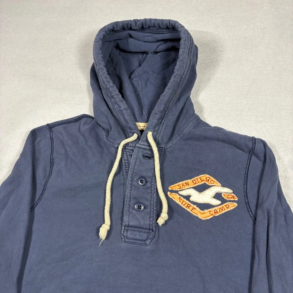 Hollister Mens XL Navy Blue Henley Hoodie San Diego Surf Camp Seagull Logo